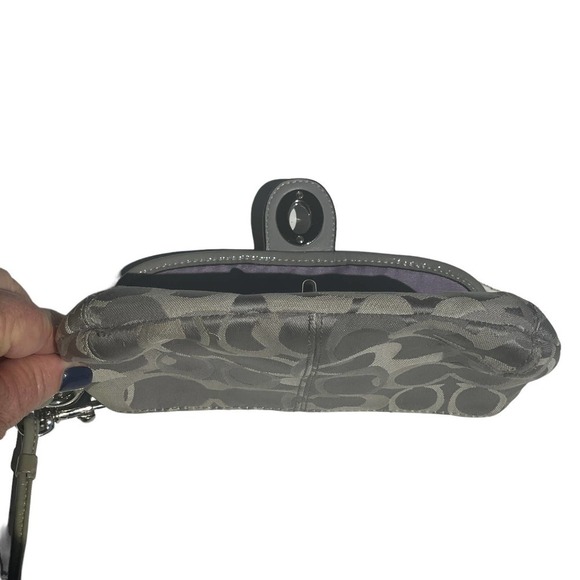 COACH Signature Gray Monogram Leather & Canvas Flap Wristlet - Picture 11 of 13